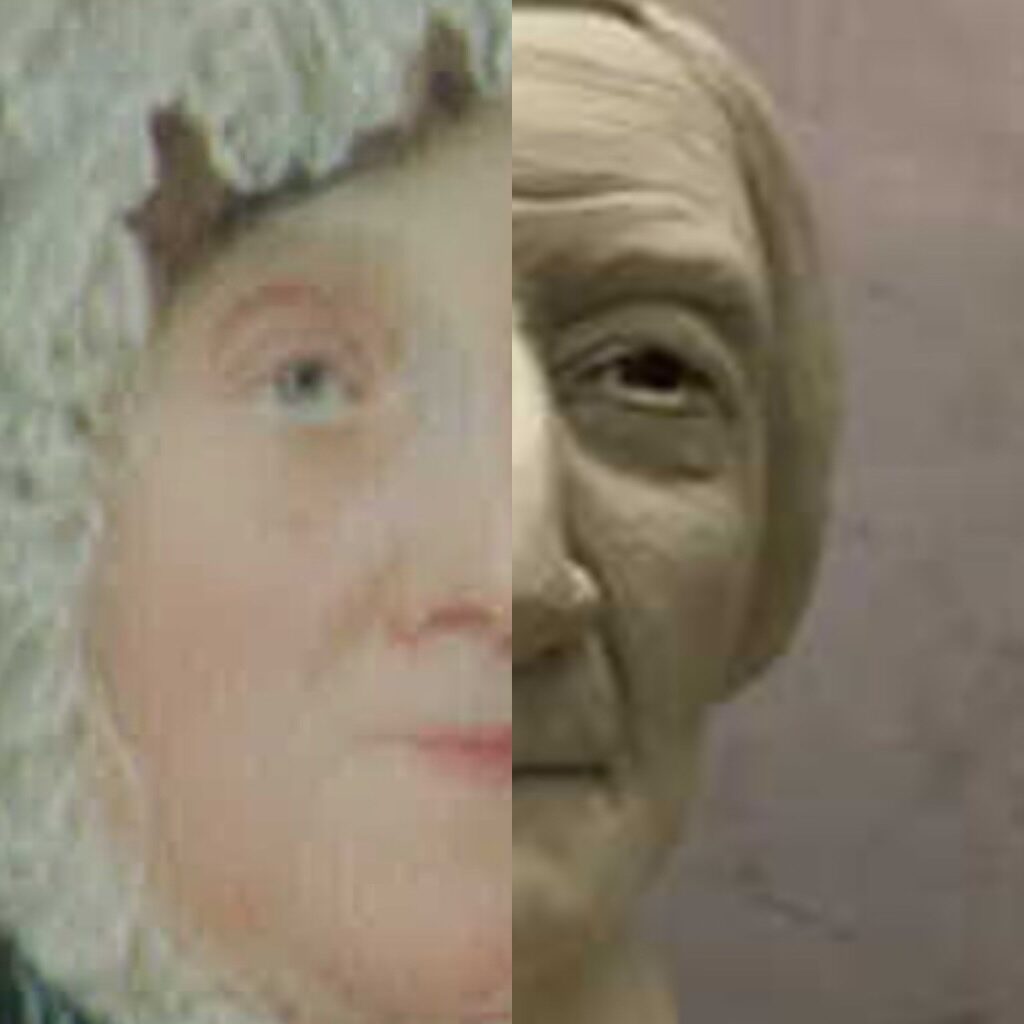 A side-by-side comparison of a miniature portrait of Mary Roberts painted in 1822 and Joe’s reconstruction. Portrait photo courtesy of Dale Robinson.